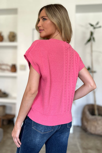 Double Take Full Size Cable-Knit Round Neck Short Sleeve Sweater-Angel Casuals