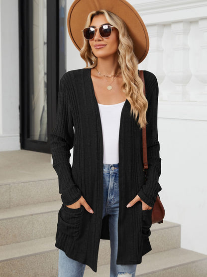 Pocketed Open Front Long Sleeve Cardigan-Angel Casuals