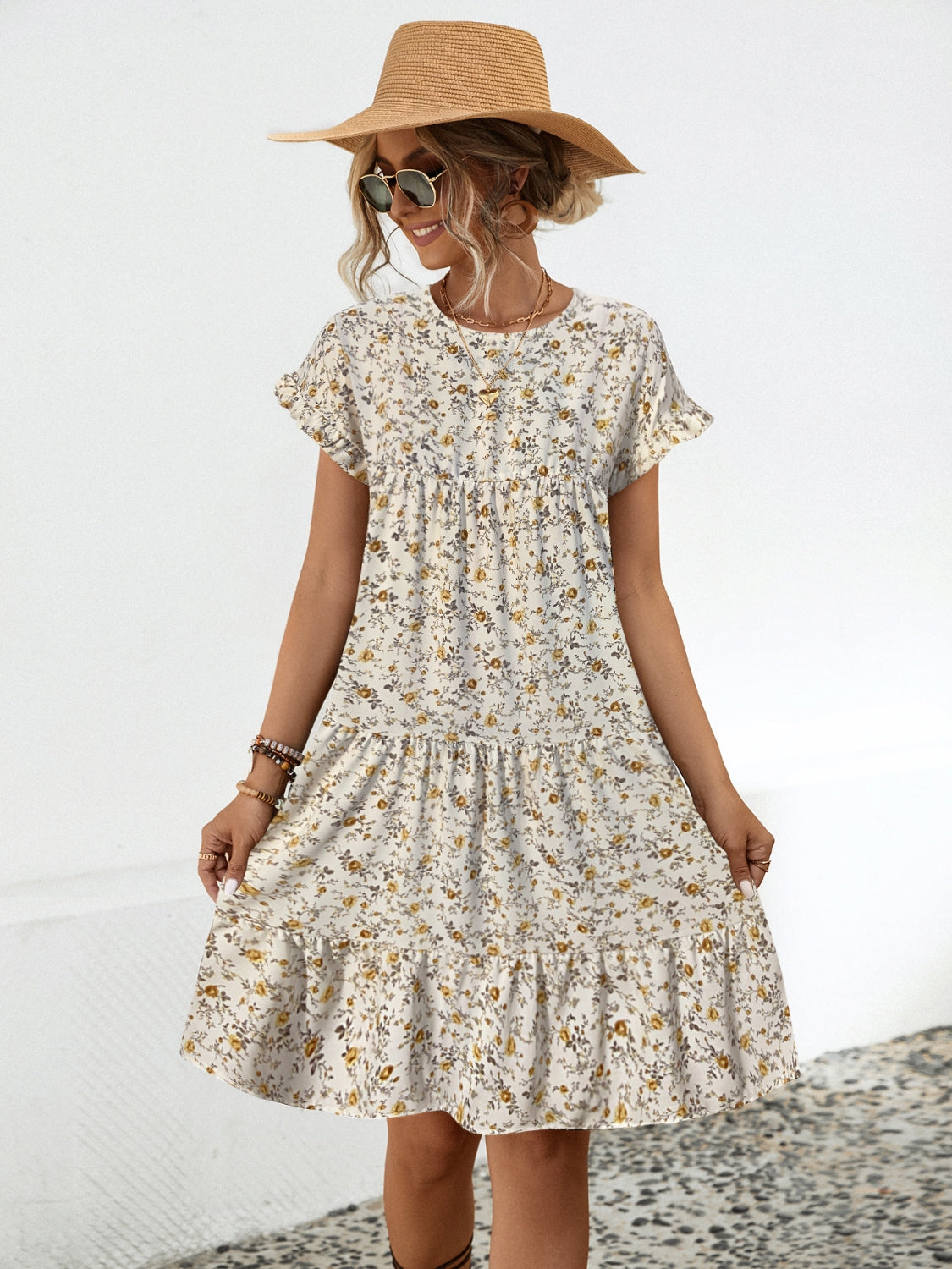 Frill Floral Round Neck Short Sleeve Tiered Dress-Angel Casuals