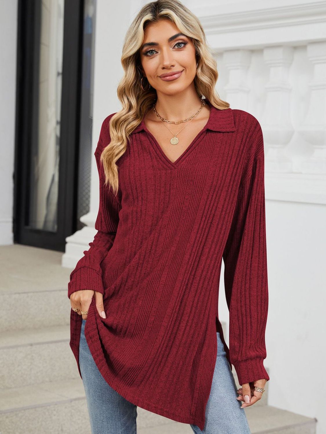 Slit Johnny Collar Long Sleeve T-Shirt-Angel Casuals
