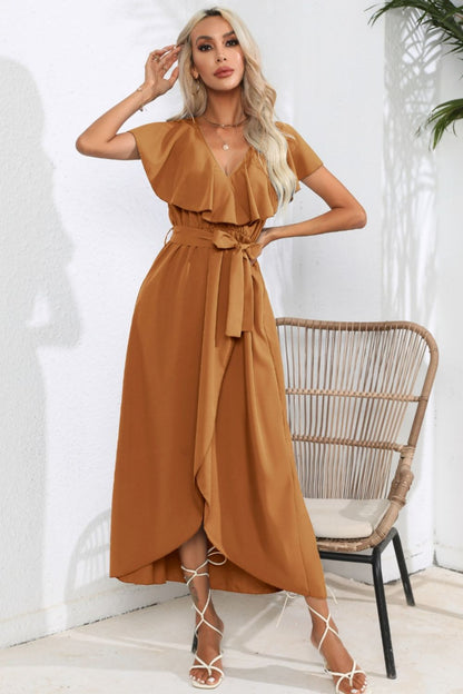 Ruffled Tied V-Neck Midi Dress-Angel Casuals