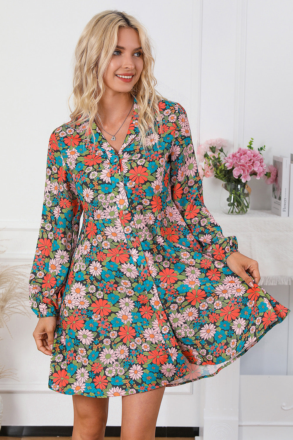 Floral Button Front Collared Neck Shirt Dress-Angel Casuals