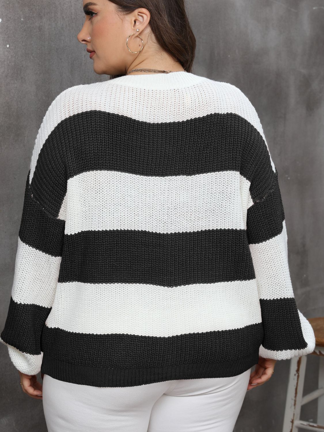 Plus Size Striped Round Neck Long Sleeve Sweater-Angel Casuals