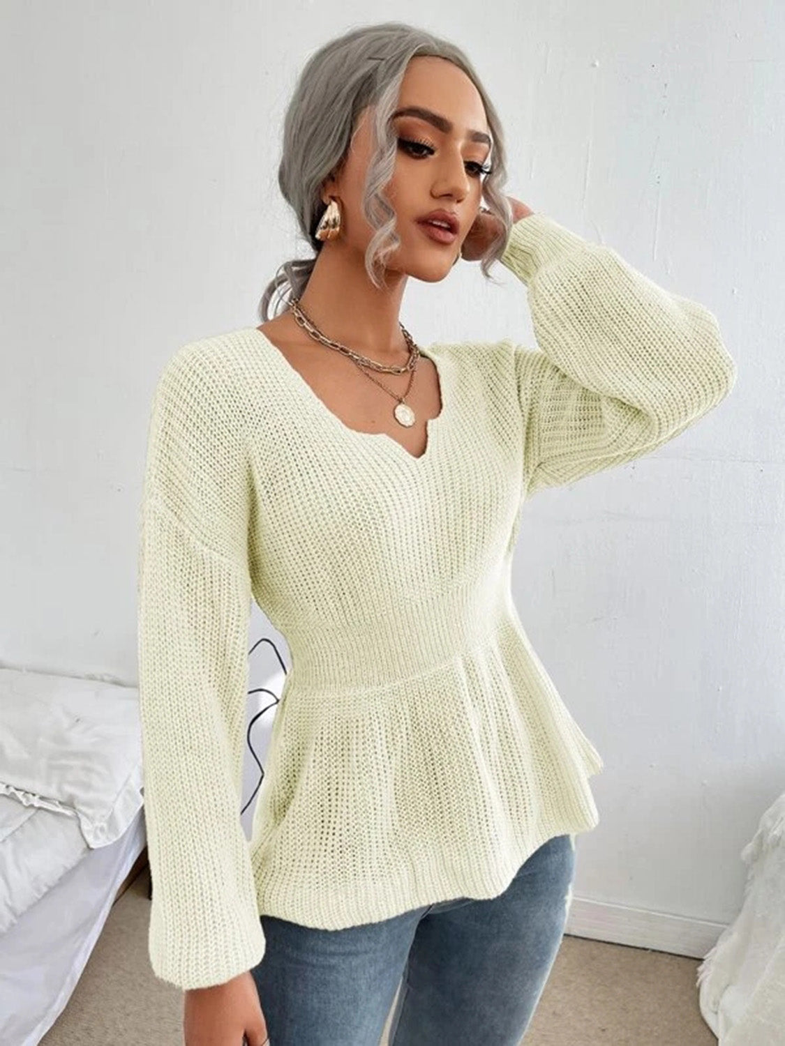 Notched Dropped Shoulder Knit Top-Angel Casuals