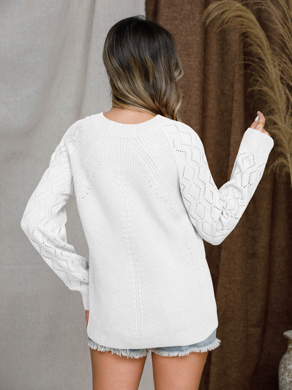 Openwork Round Neck Raglan Sleeve Sweater-Angel Casuals