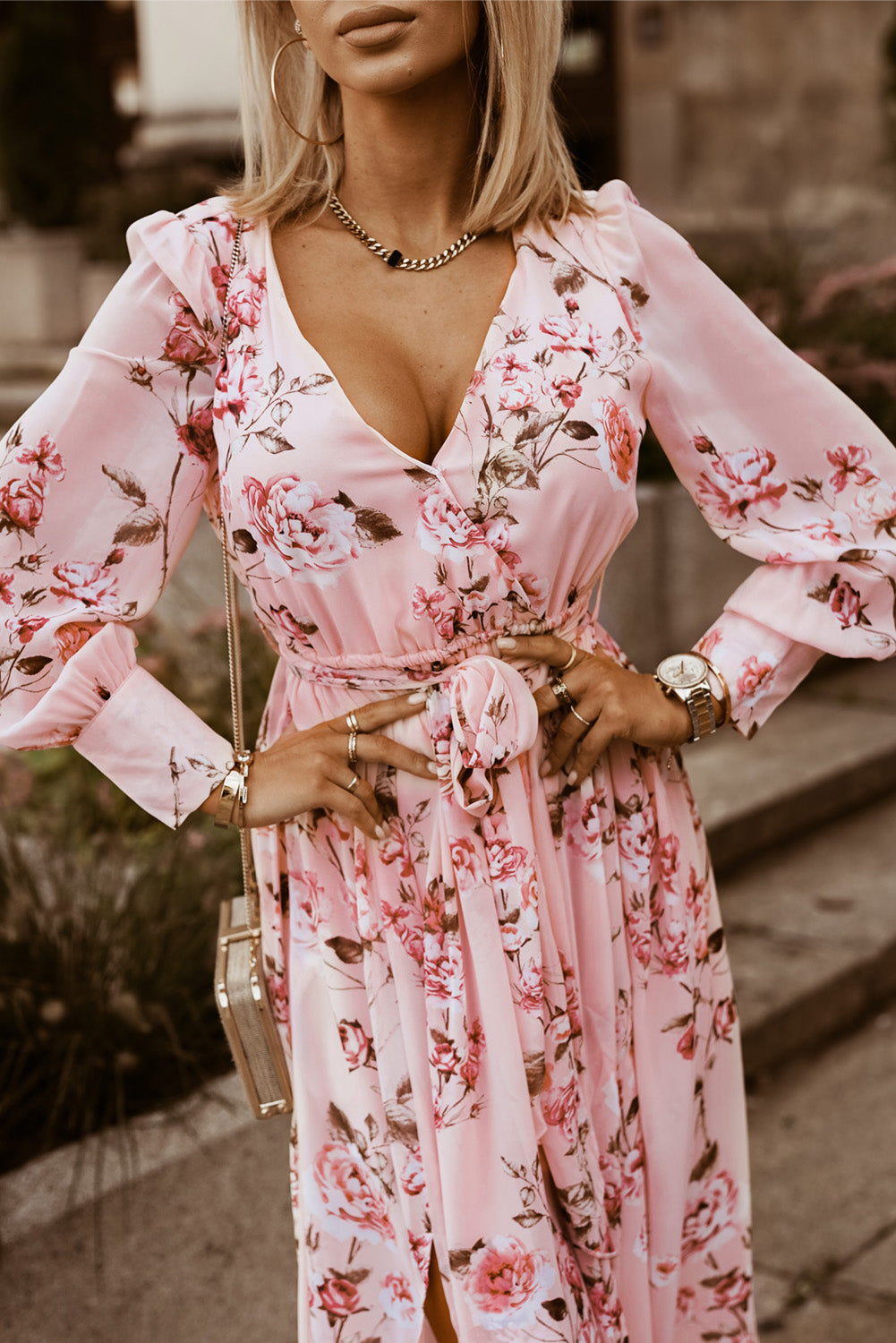 Floral Tie Belt Bishop Sleeve Slit Maxi Dress-Angel Casuals