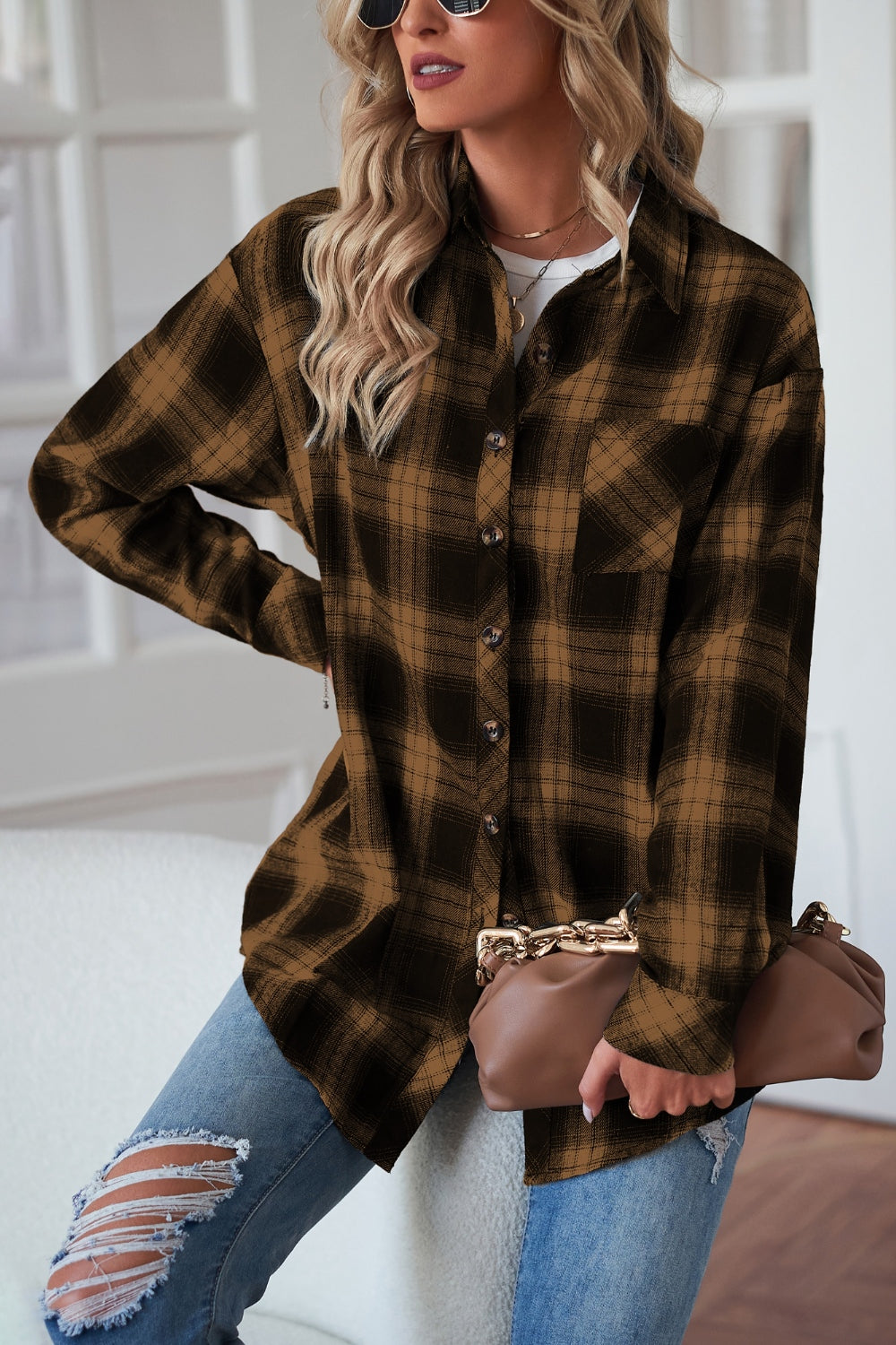 Plaid Button Up Dropped Shoulder Outerwear-Angel Casuals