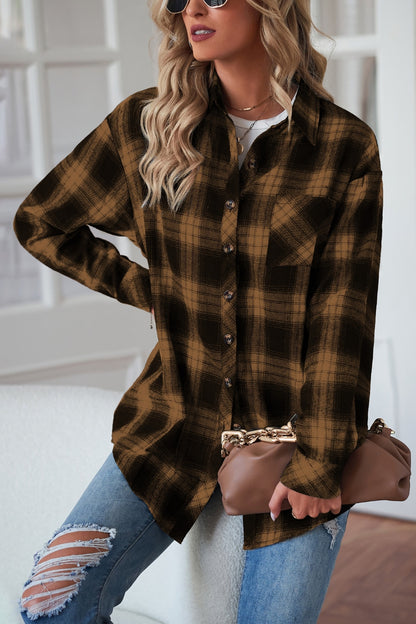 Plaid Button Up Dropped Shoulder Outerwear-Angel Casuals