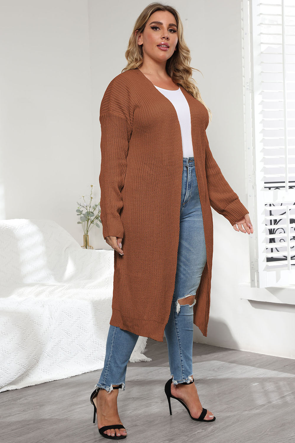 Plus Size Open Front Long Sleeve Cardigan-Angel Casuals