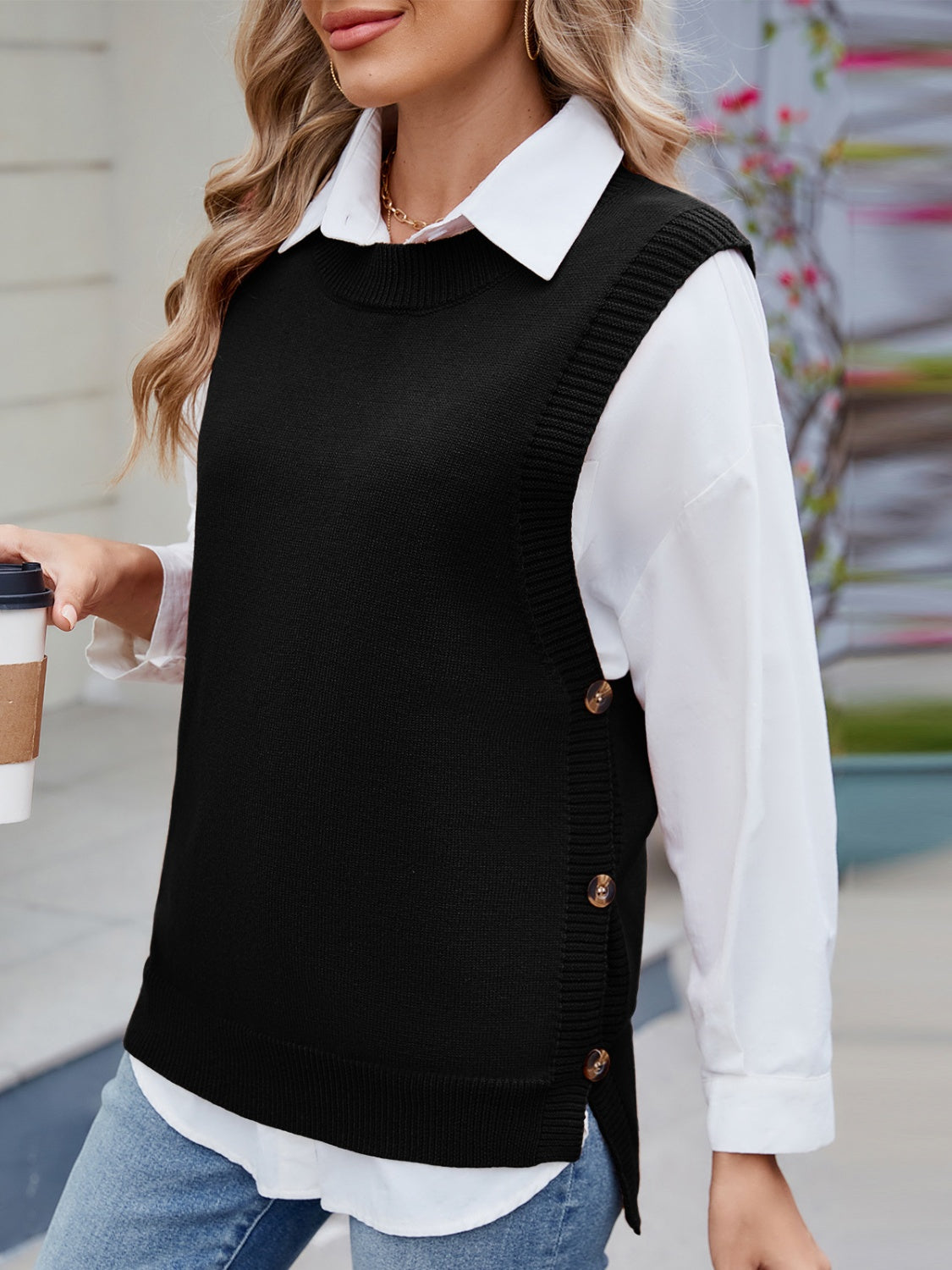 Buttoned Round Neck Sweater Vest-Angel Casuals