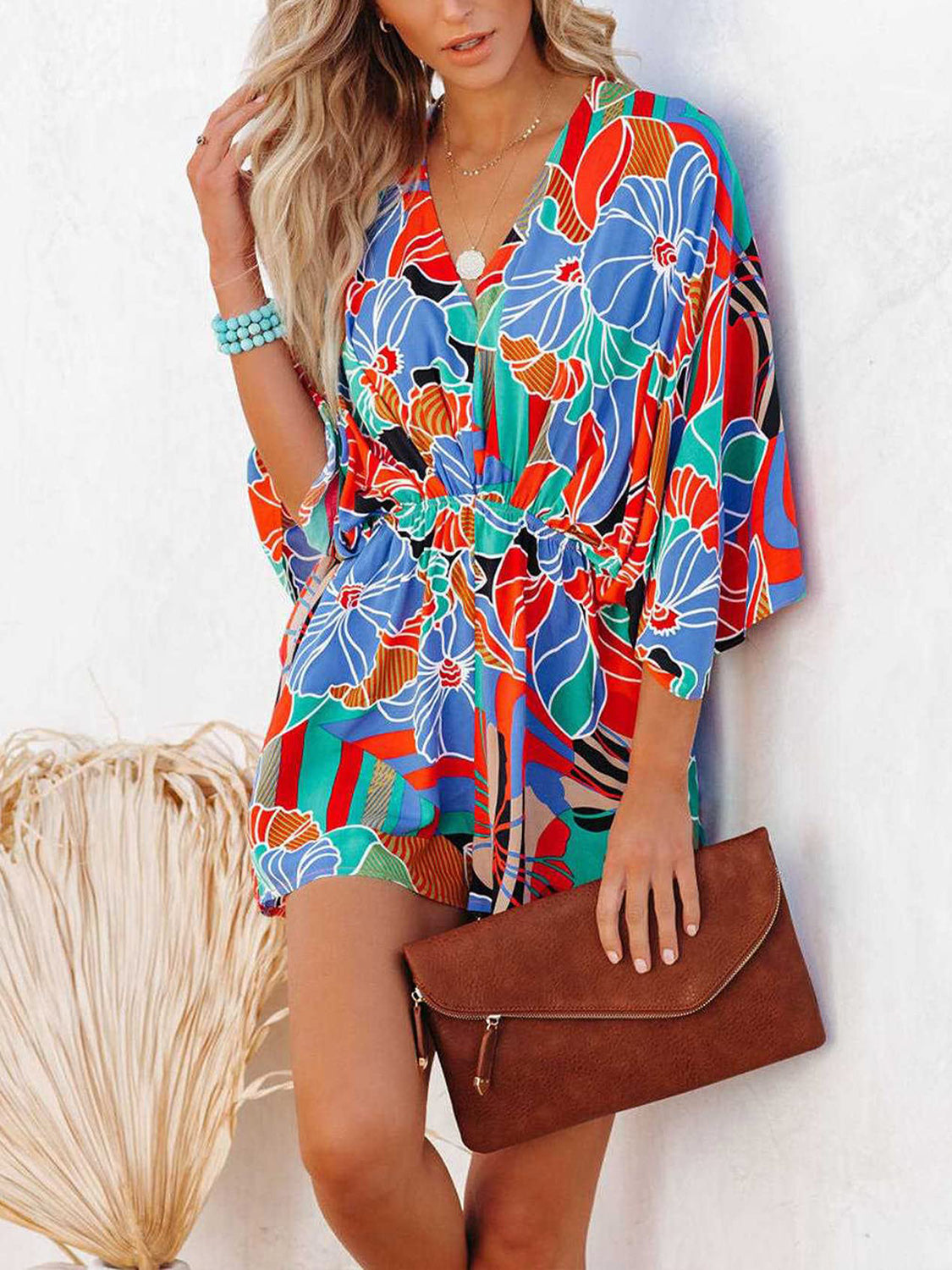 Tied Printed Kimono Sleeve Romper-Angel Casuals