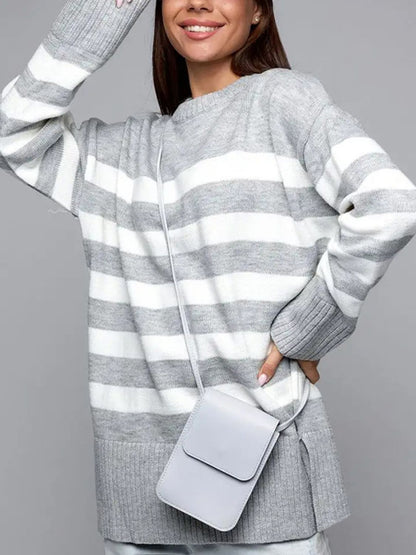 Slit Striped Round Neck Sweater-Angel Casuals