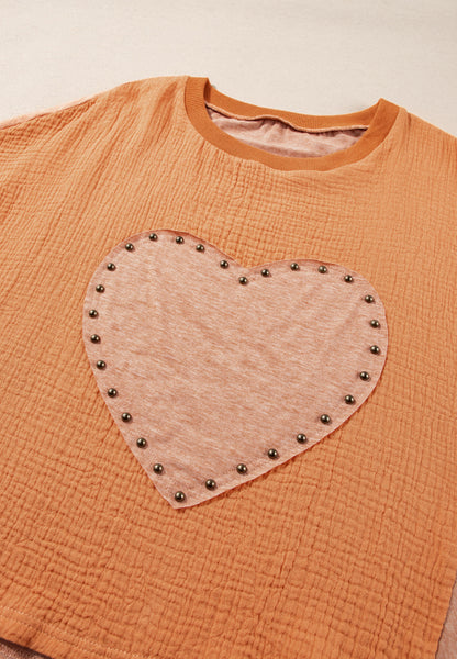 Stud Heart Patch Round Neck Short Sleeve T-Shirt-Angel Casuals