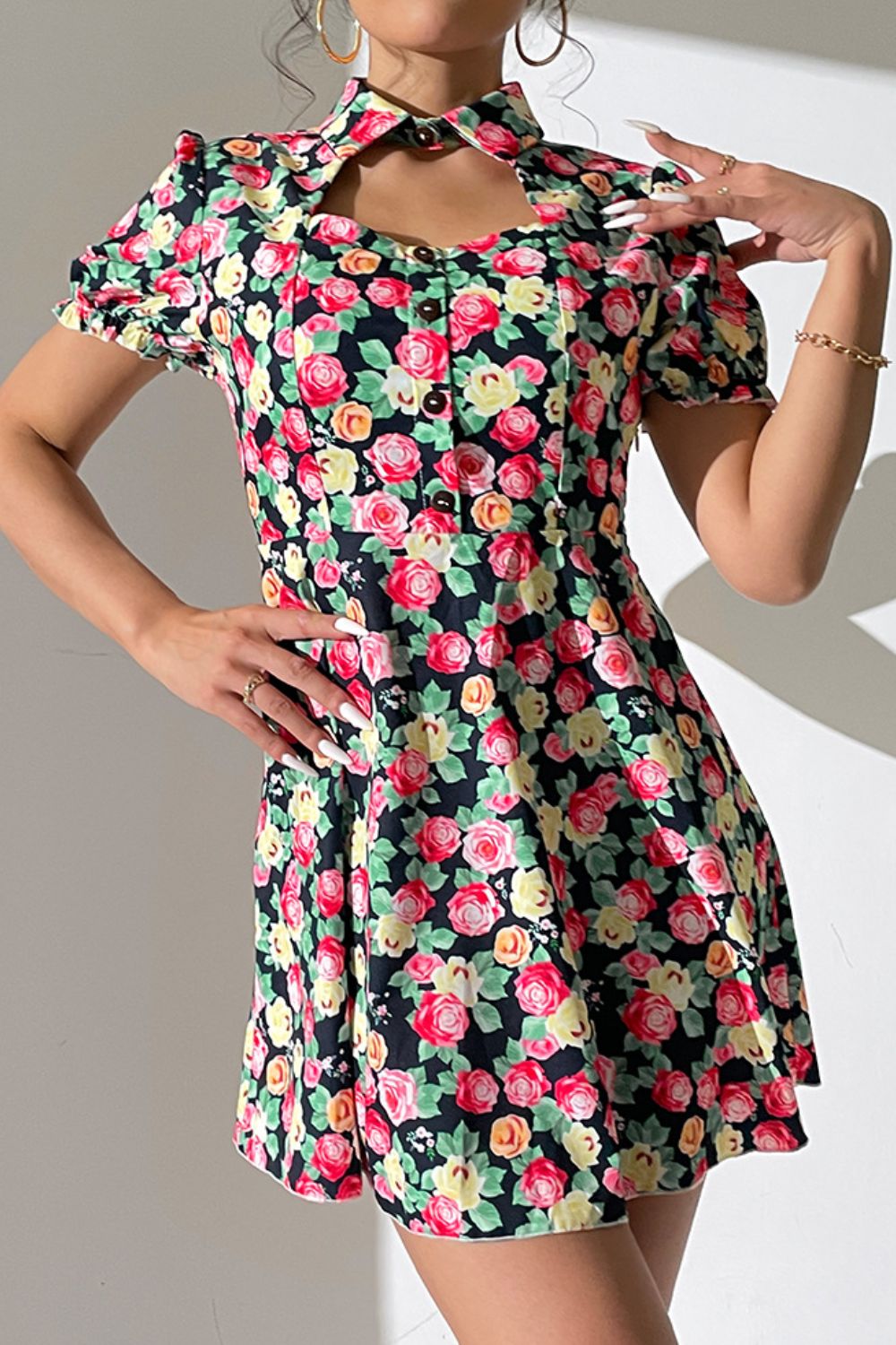 Floral Buttoned Cutout Puff Sleeve Dress-Angel Casuals