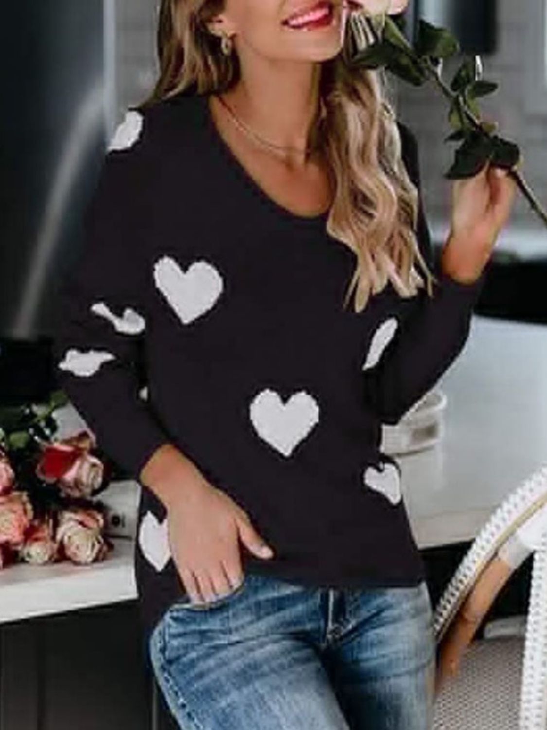 Heart Scoop Neck Long Sleeve Sweater-Angel Casuals