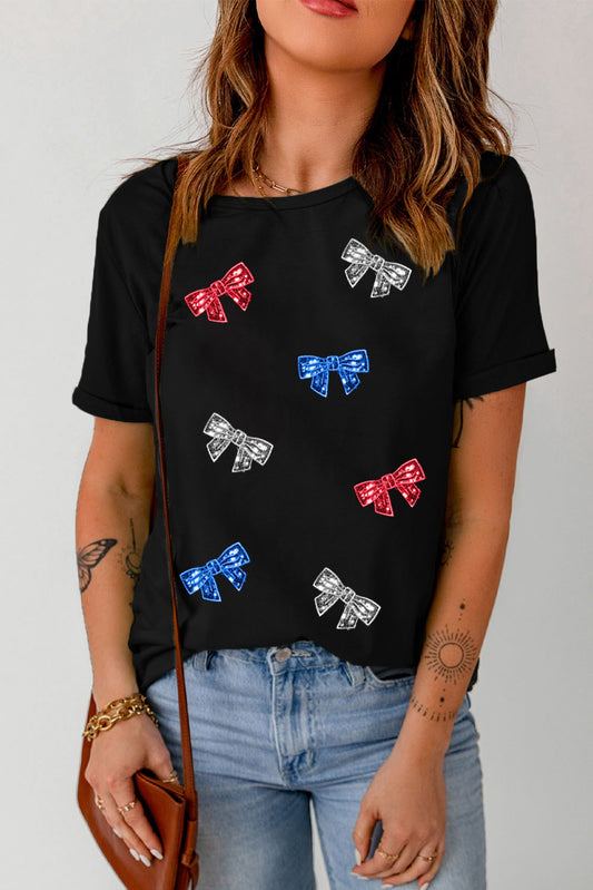 Bow Round Neck Short Sleeve T-Shirt-Angel Casuals