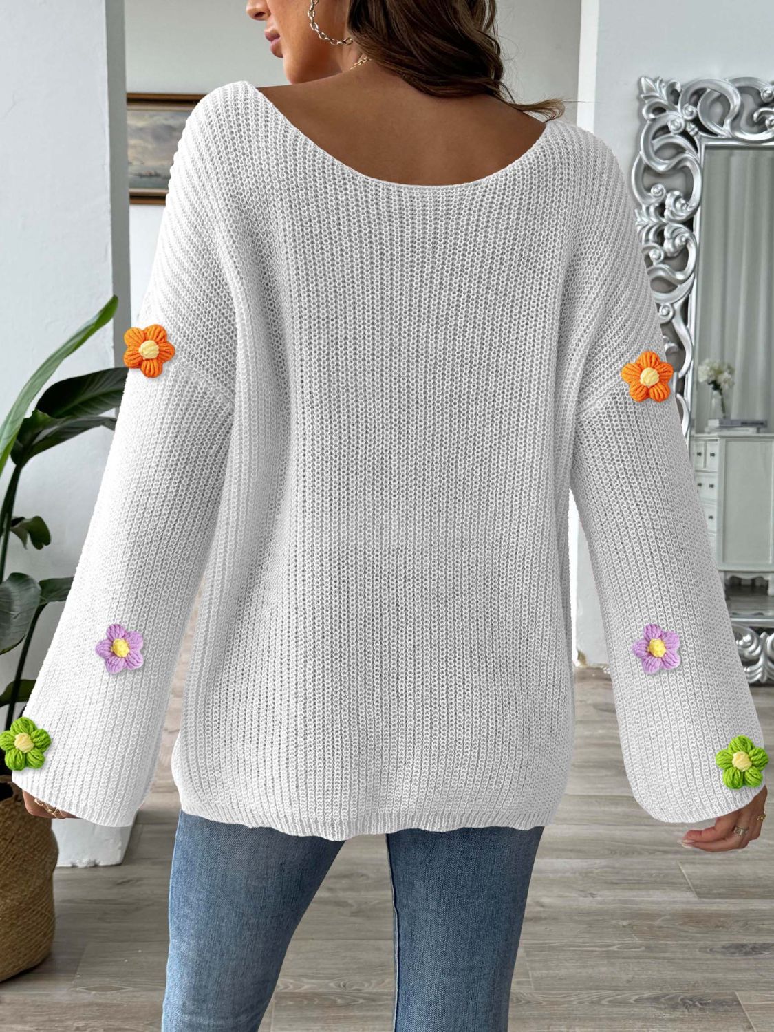 Flower Round Neck Long Sleeve Sweater-Angel Casuals