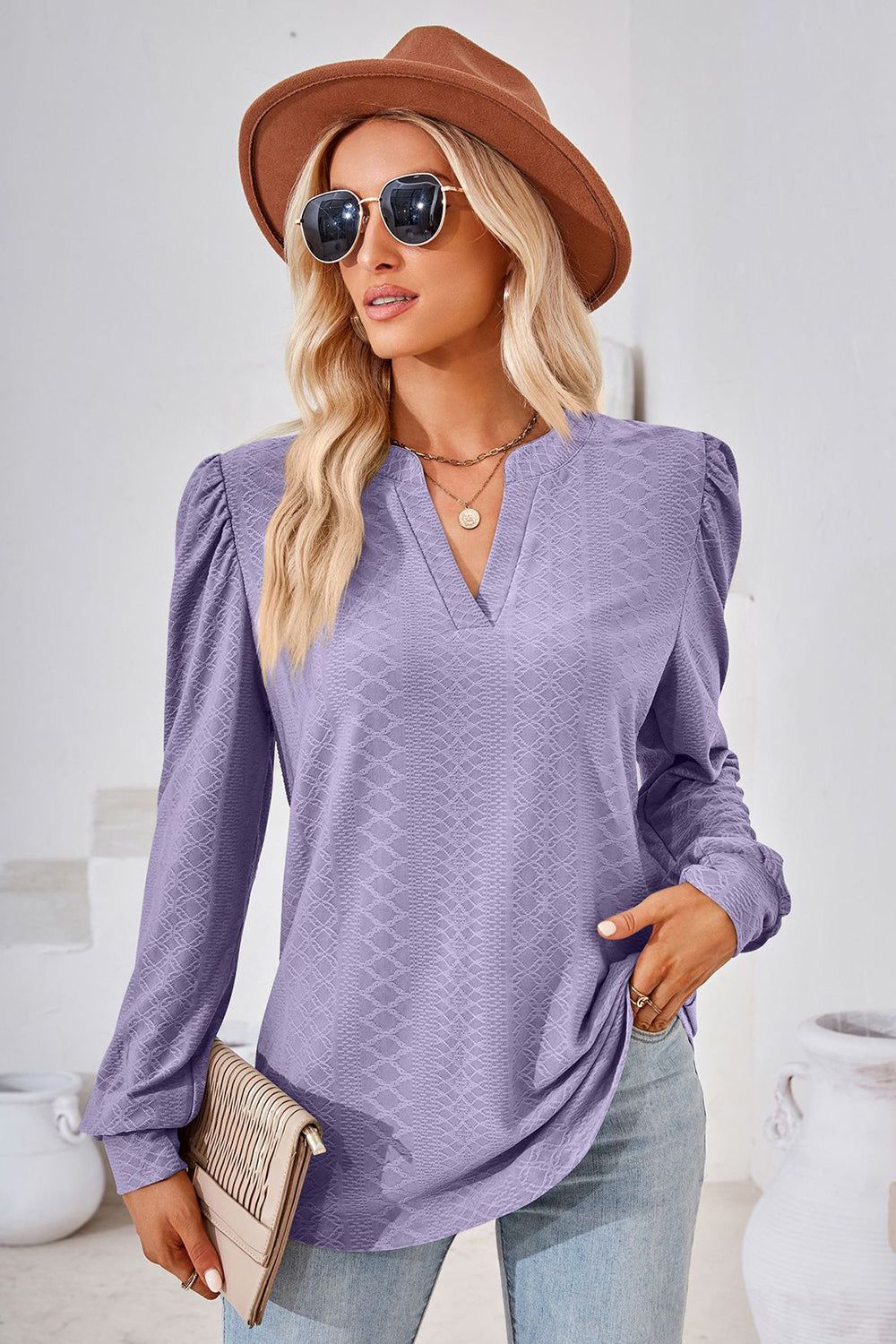 Notched Long Sleeve T-Shirt-Angel Casuals