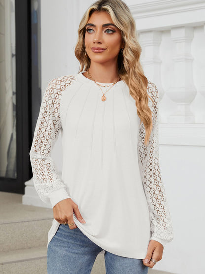 Round Neck Lace Long Sleeve Top-Angel Casuals
