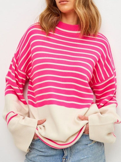 Striped Mock Neck Long Sleeve Sweater-Angel Casuals