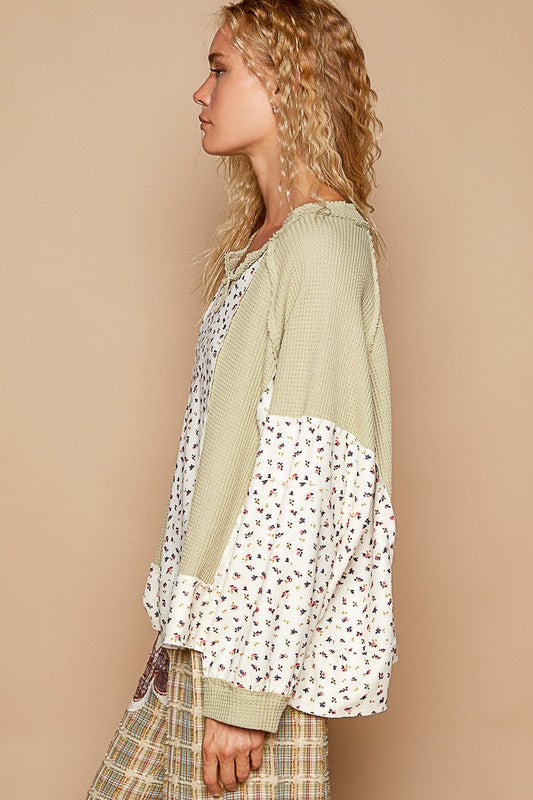 POL Waffle Knit Floral Notched Long Sleeve Top-Angel Casuals