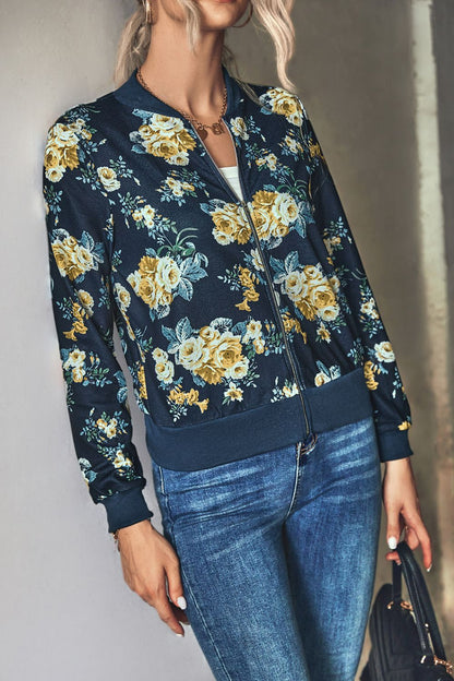 Floral Zip Up Ribbed Trim Bomber Jacket-Angel Casuals