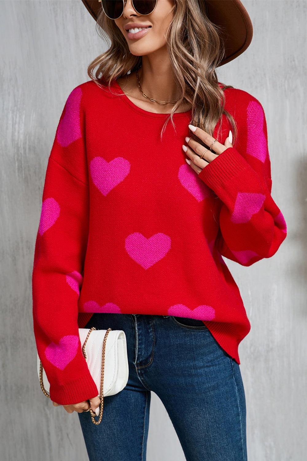 Angel Wings Heart Round Neck Dropped Shoulder Sweater-Angel Casuals