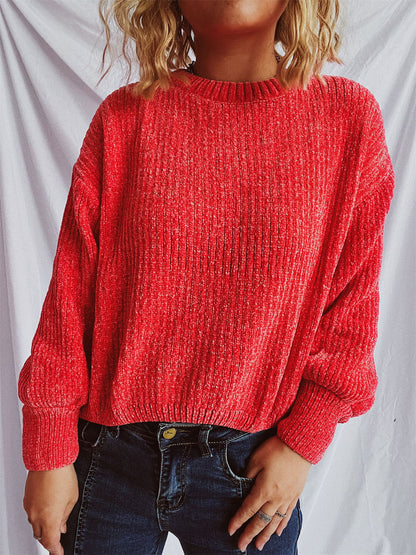 Round Neck Dropped Shoulder Long Sleeve Sweater-Angel Casuals