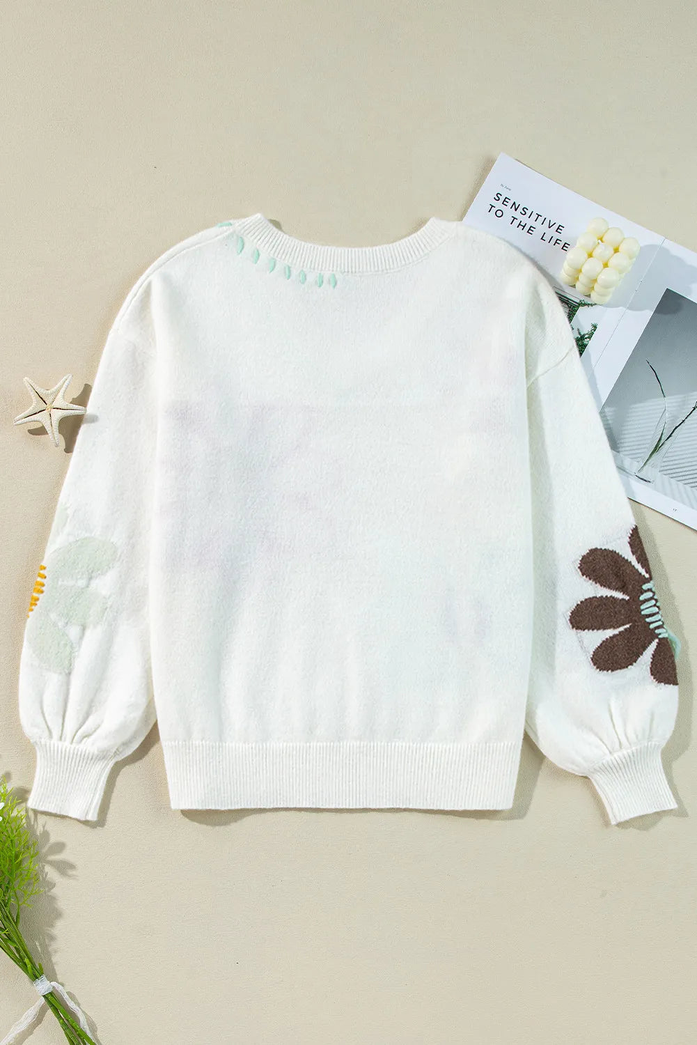 Flower V-Neck Dropped Shoulder Sweater-Angel Casuals