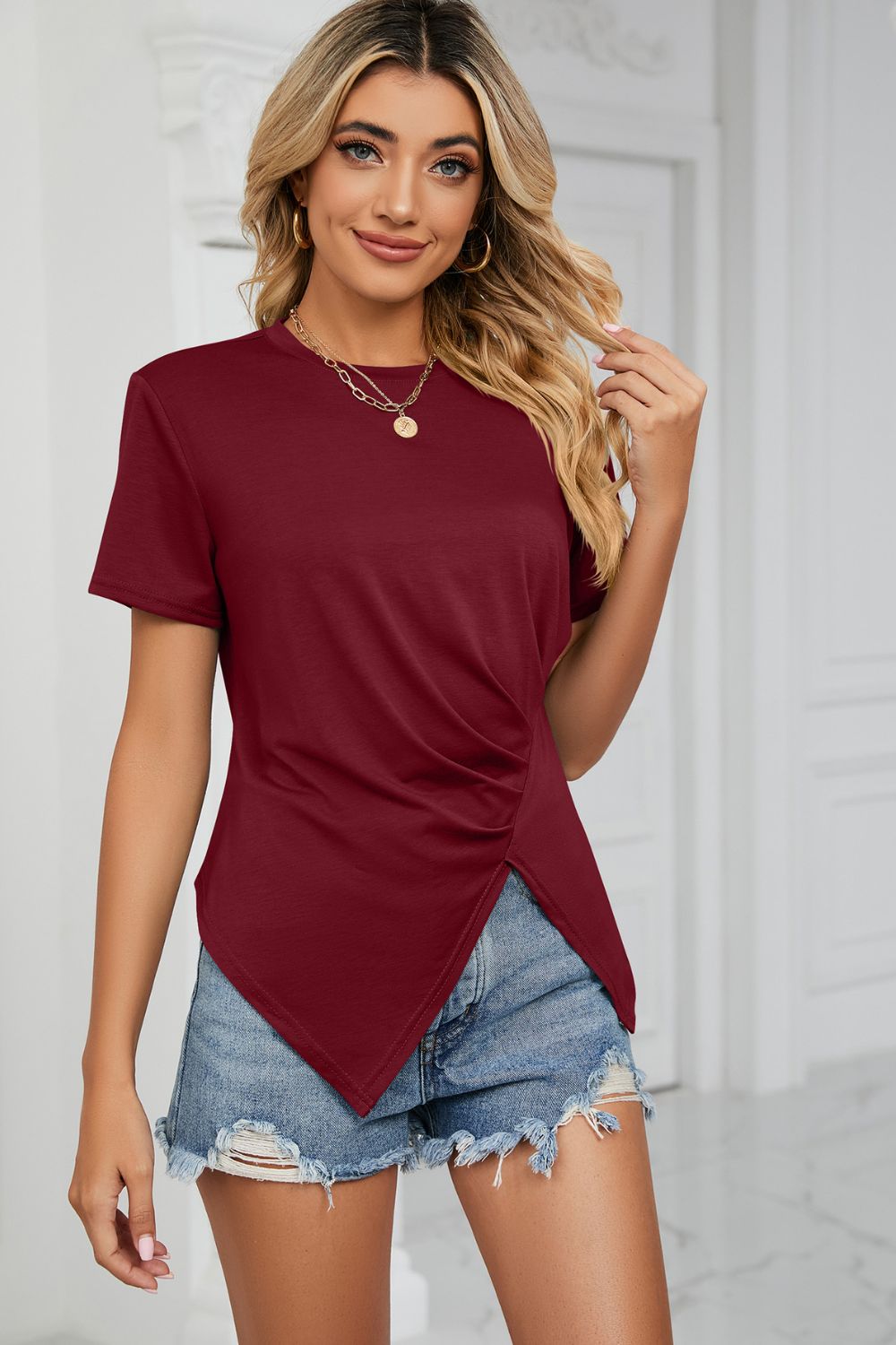 Ruched Hem Detail Crewneck T-Shirt-Angel Casuals