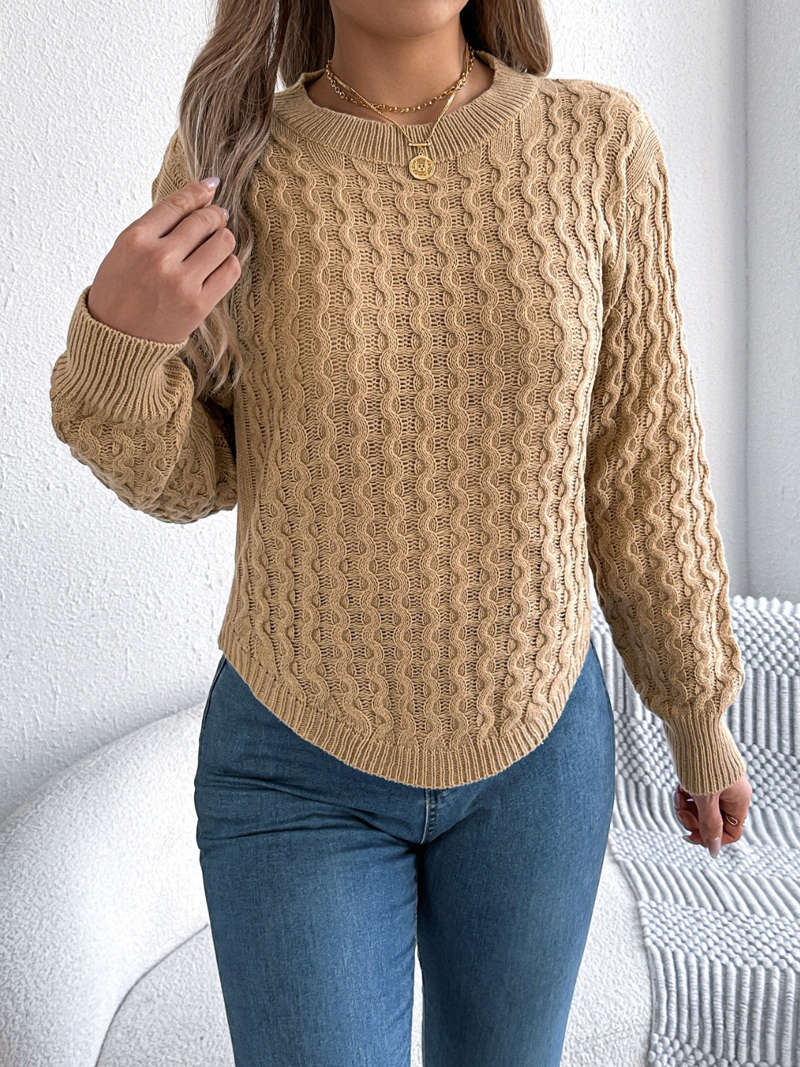 Asymmetric Hem Round Neck Long Sleeve Sweater-Angel Casuals