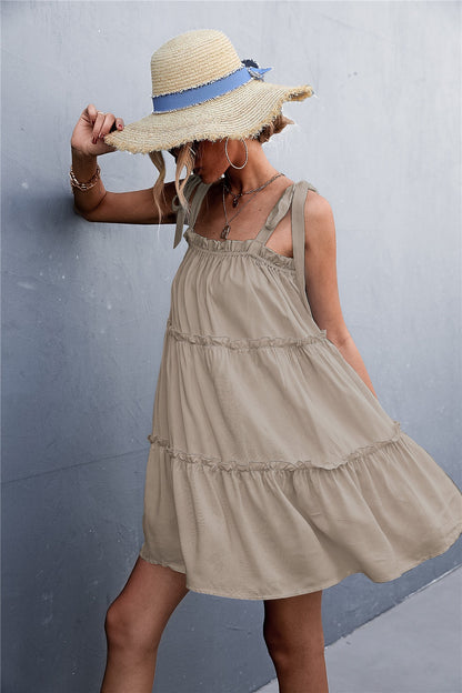 Frill Tiered Tie Shoulder Mini Cami Dress-Angel Casuals