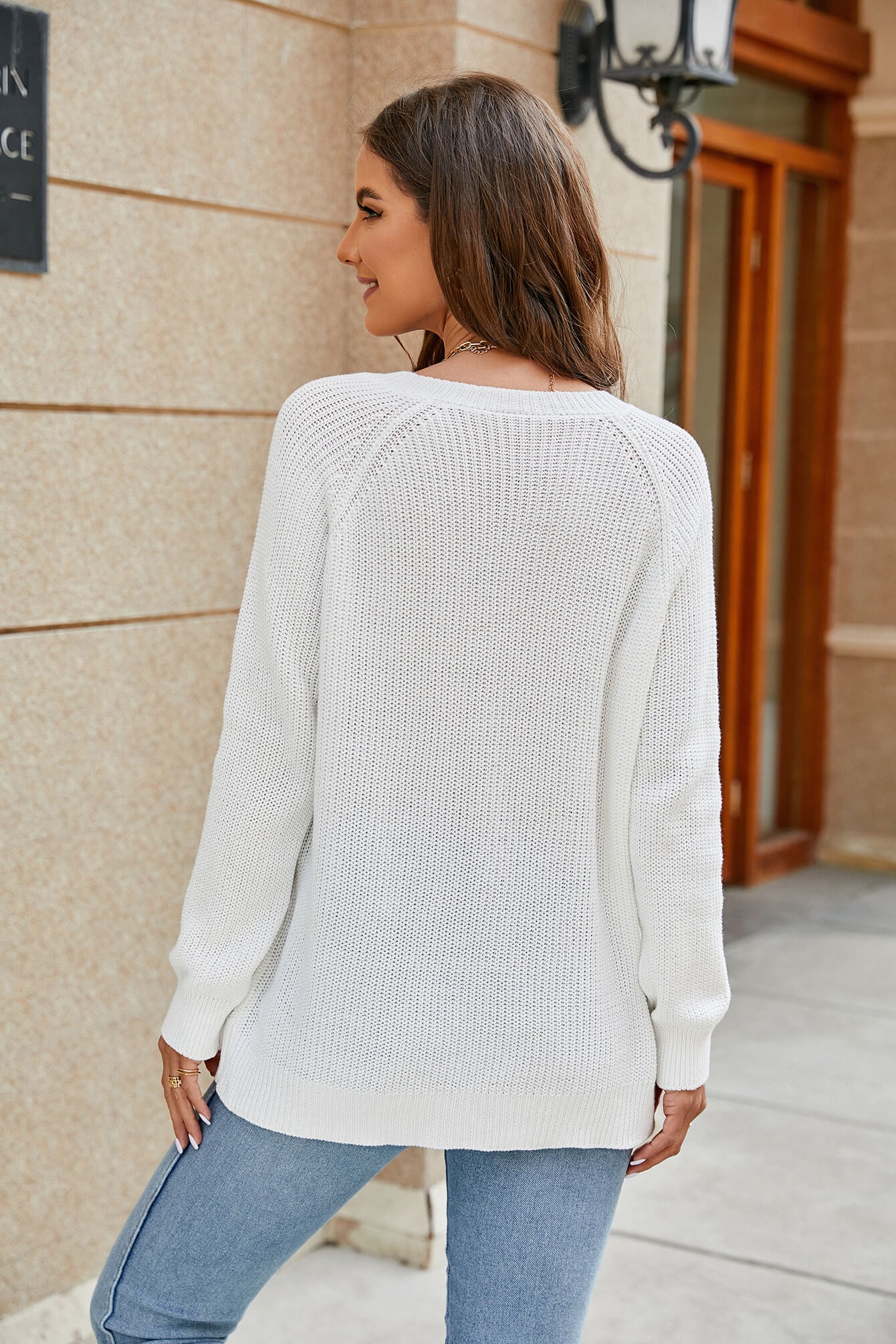 Raglan Sleeve Ribbed Trim Plunge Knit Top-Angel Casuals