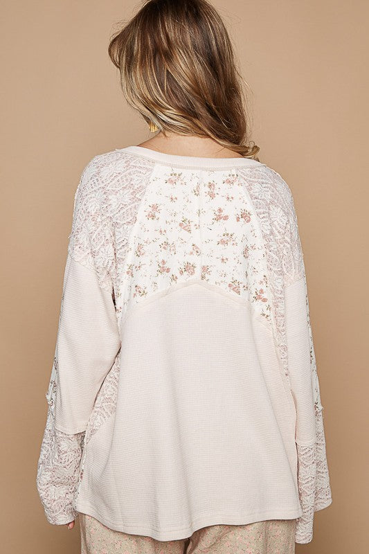 POL Lace Floral Round Neck Knit Top-Angel Casuals