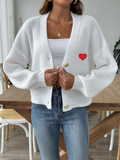 Heart Button Down V-Neck Long Sleeve Cardigan-Angel Casuals