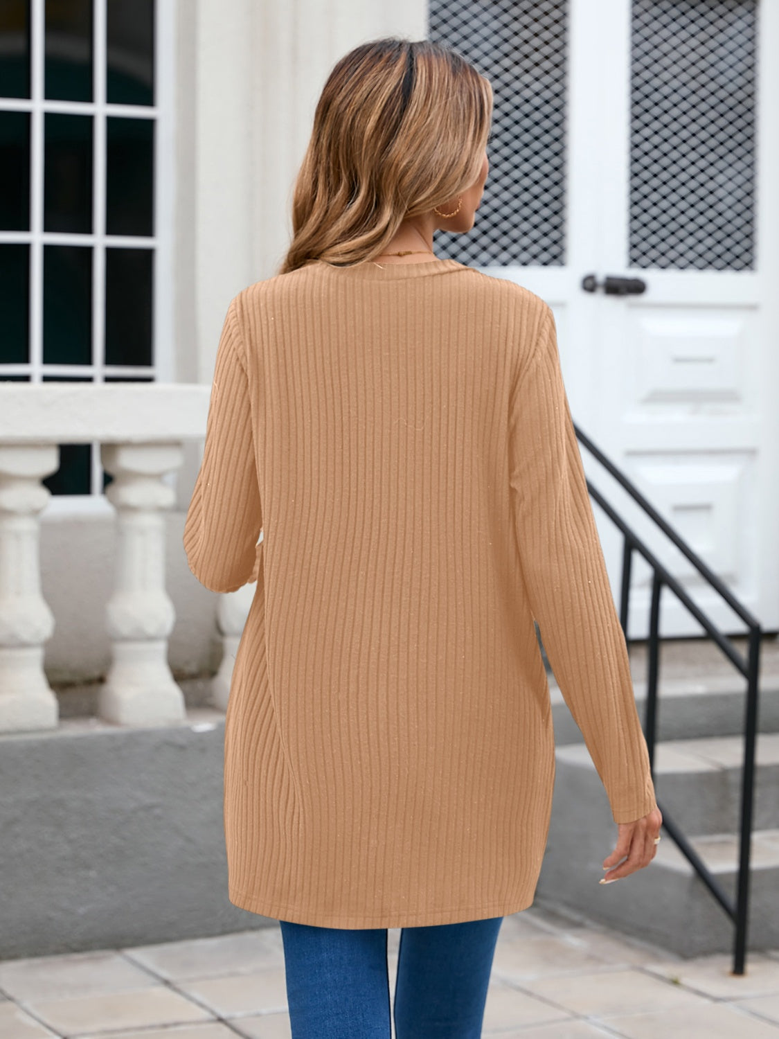 Ribbed Button Down V-Neck Long Sleeve Cardigan-Angel Casuals