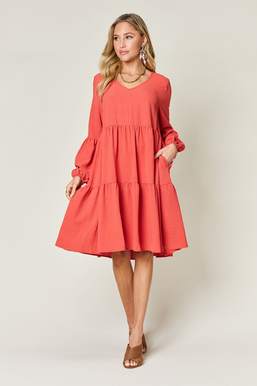 Double Take Full Size V-Neck Balloon Sleeve Tiered Dress-Angel Casuals