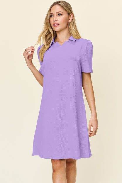 Double Take Full Size Texture Collared Neck Short Sleeve Dress-Angel Casuals