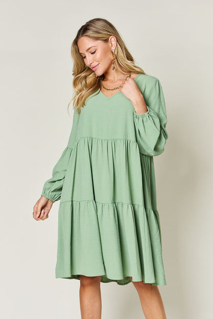 Double Take Full Size V-Neck Balloon Sleeve Tiered Dress-Angel Casuals