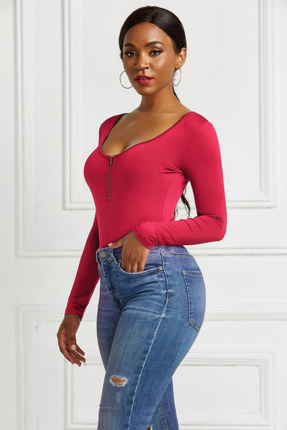 Half Zip Scoop Neck Long Sleeve Bodysuit-Angel Casuals