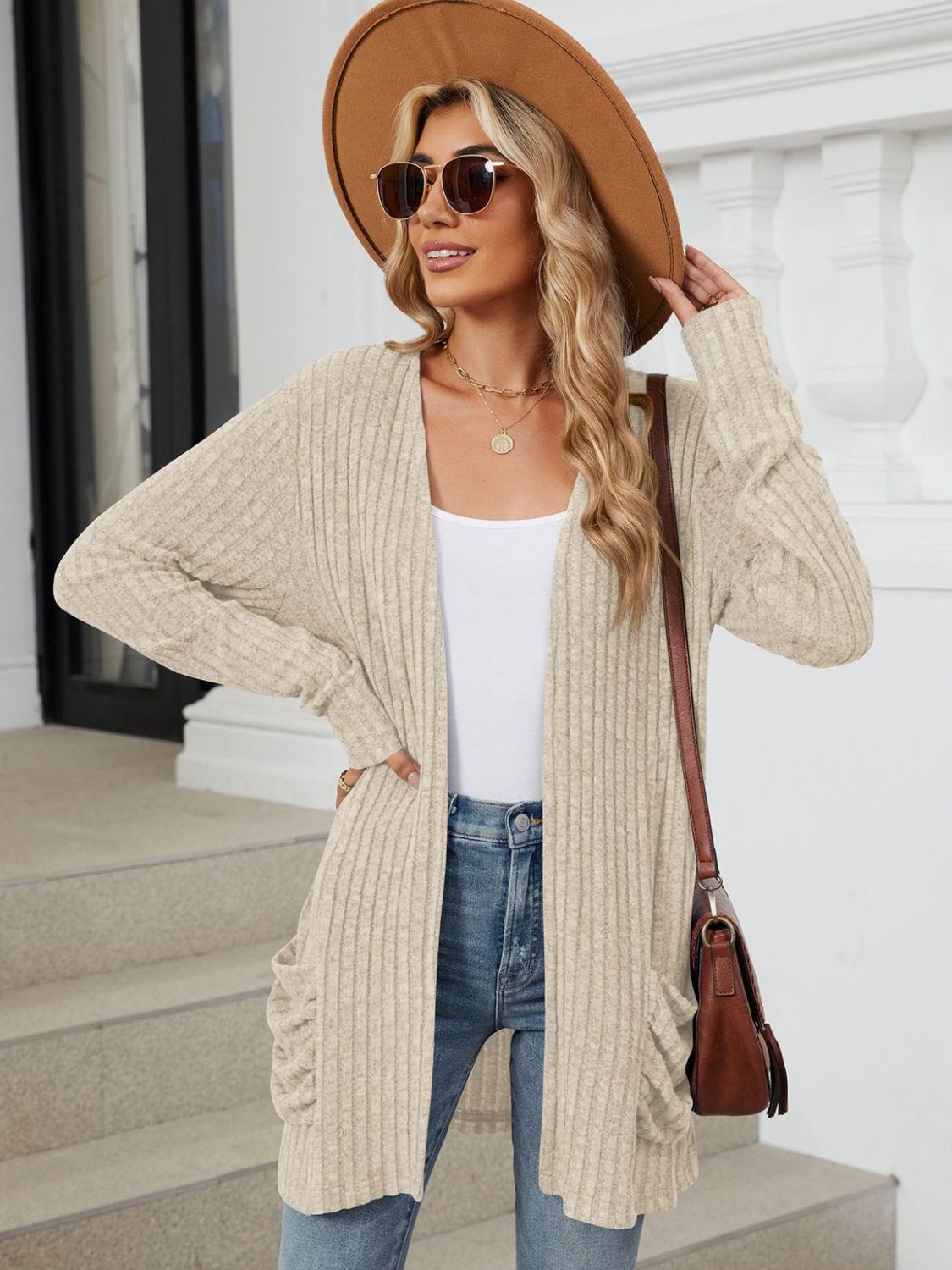 Pocketed Open Front Long Sleeve Cardigan-Angel Casuals