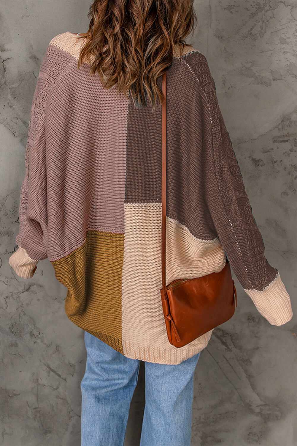 Woven Right Color Block Cable-Knit Batwing Sleeve Cardigan-Angel Casuals