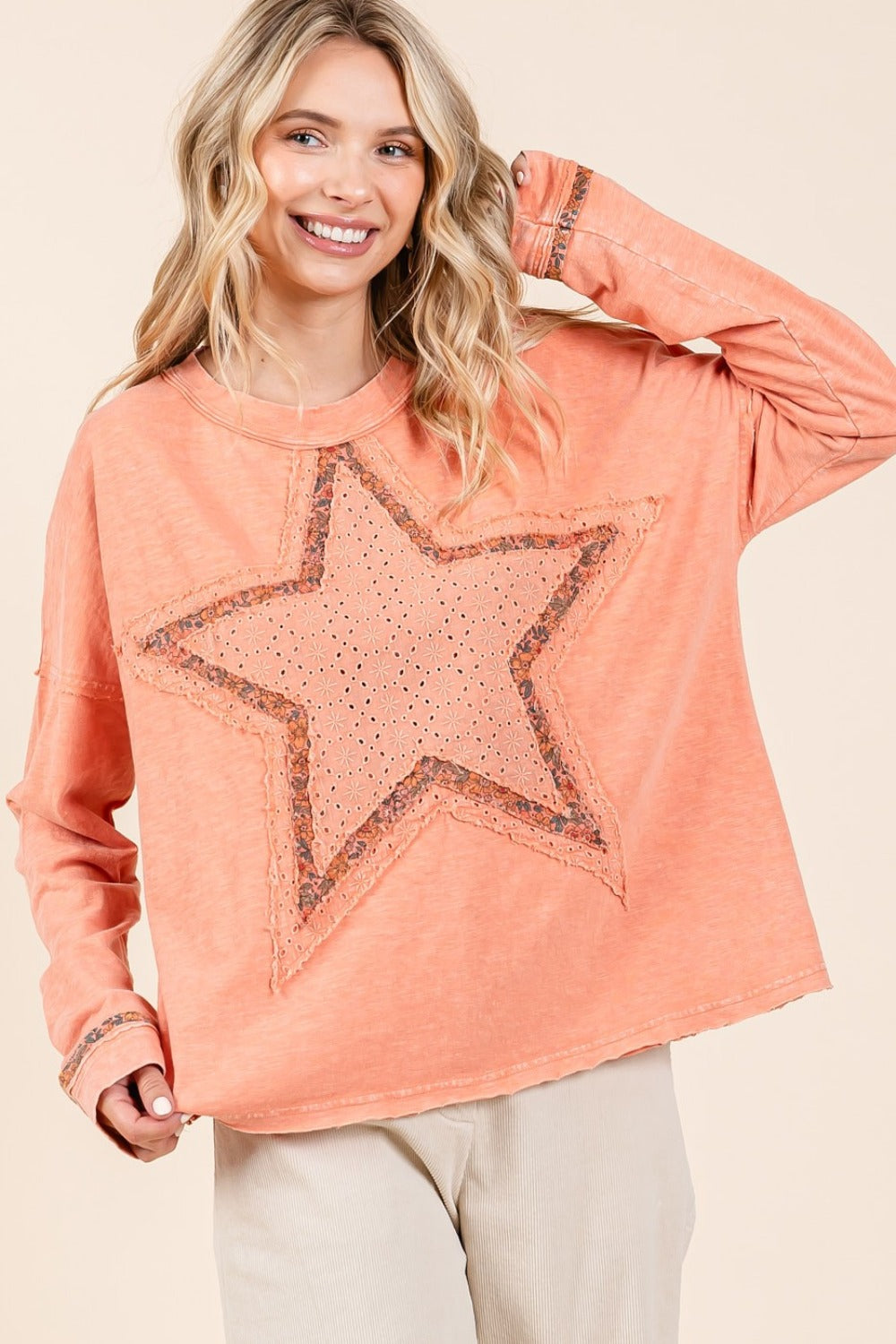 Mittoshop Mineral Wash Star Patch Long Sleeve T-Shirt-Angel Casuals