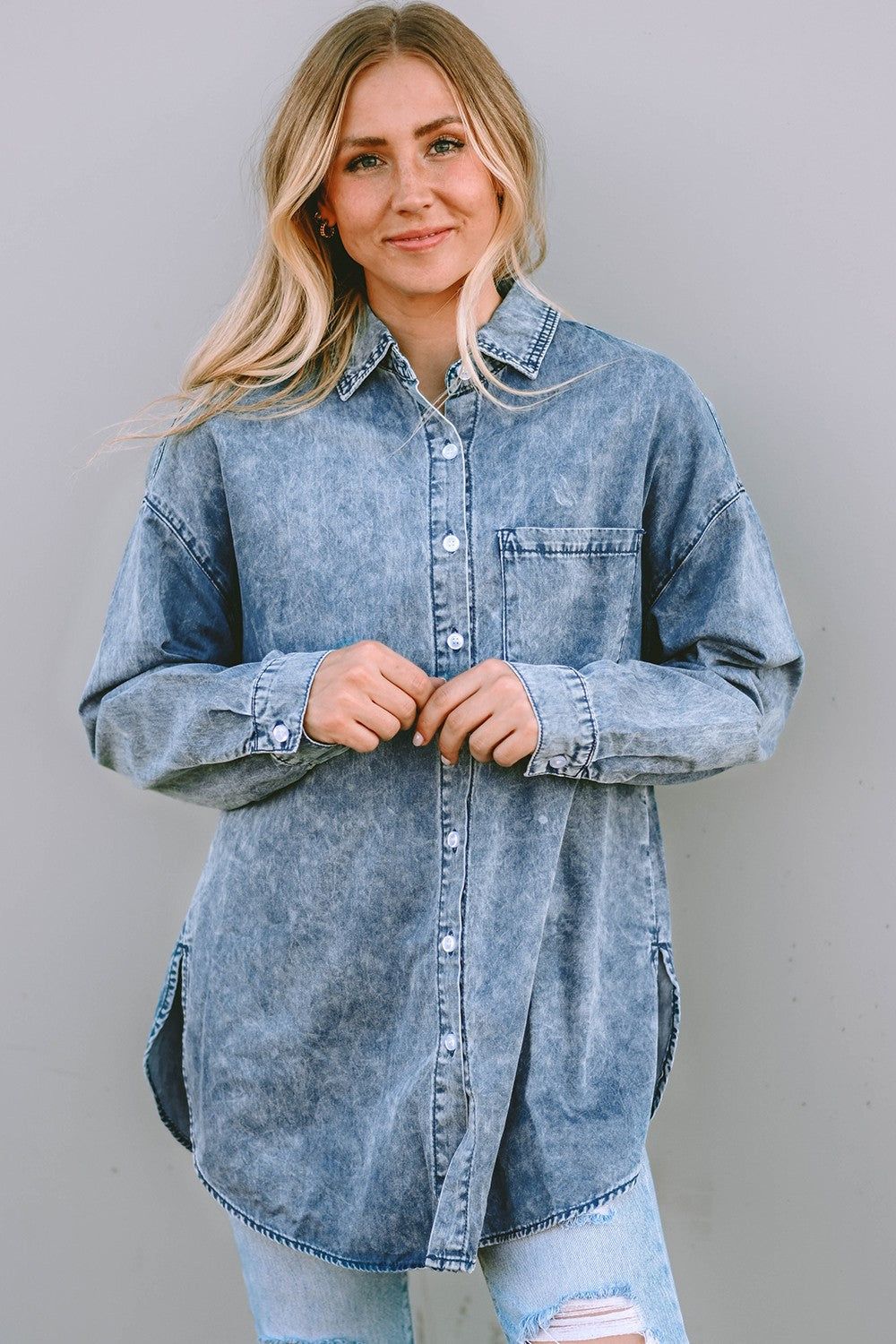 Button Up Dropped Shoulder Denim Top-Angel Casuals