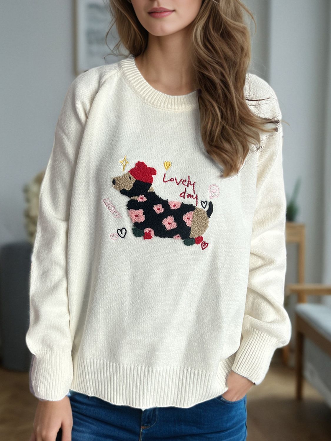 Puppy Round Neck Raglan Sleeve Sweater-Angel Casuals