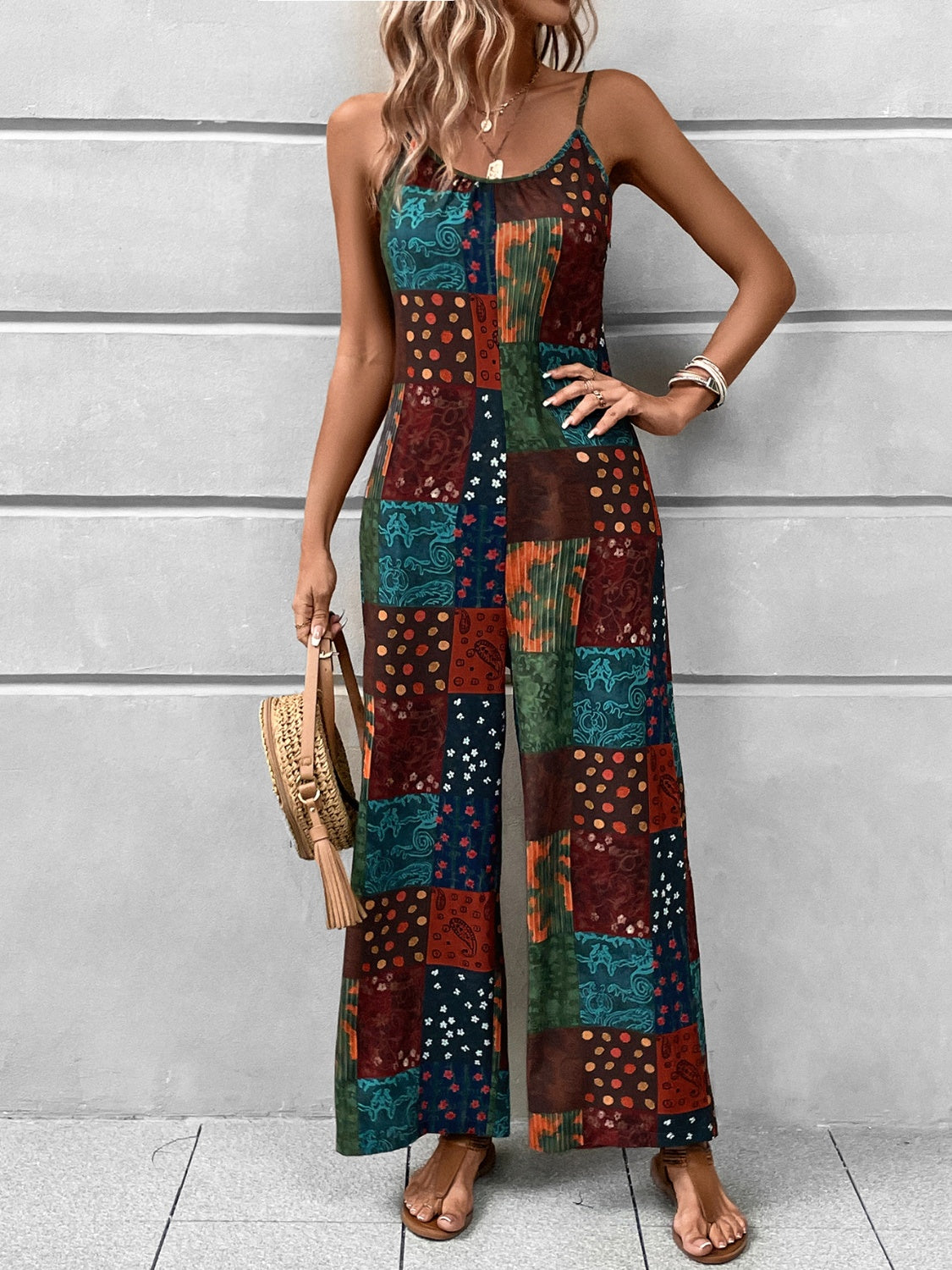 Printed Scoop Neck Spaghetti Strap Jumpsuit-Angel Casuals