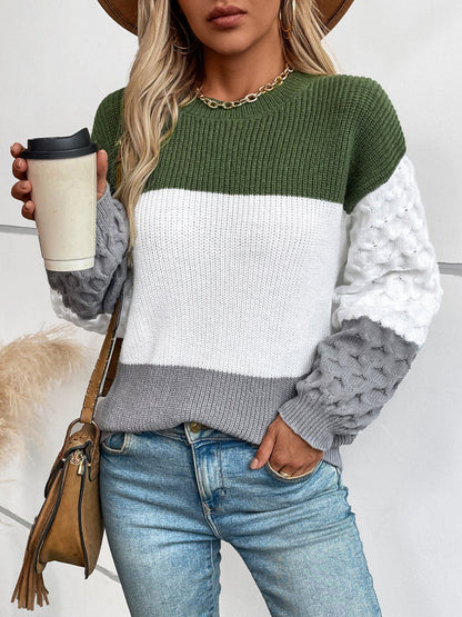 Color Block Round Neck Long Sleeve Sweater-Angel Casuals