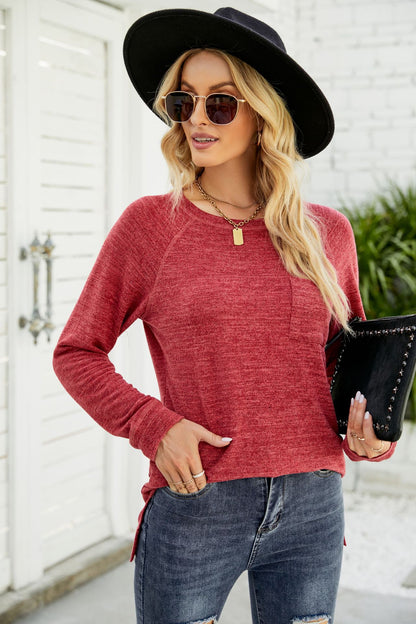 Heathered Slit Long Raglan Sleeve Top-Angel Casuals