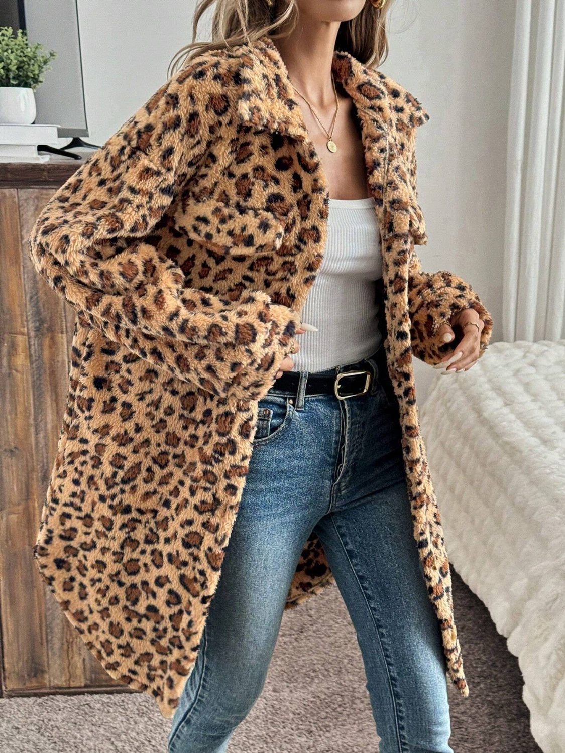 Leopard Button Up Long Sleeve Fuzzy Coat-Angel Casuals