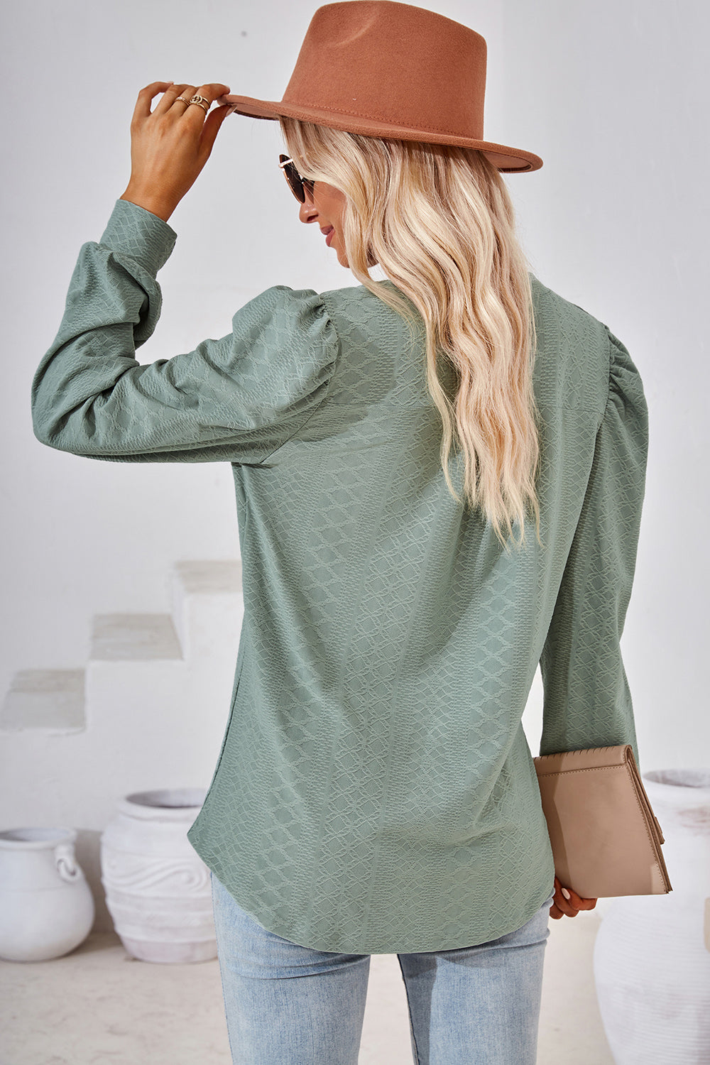 Ruched Notched Long Sleeve T-Shirt-Angel Casuals